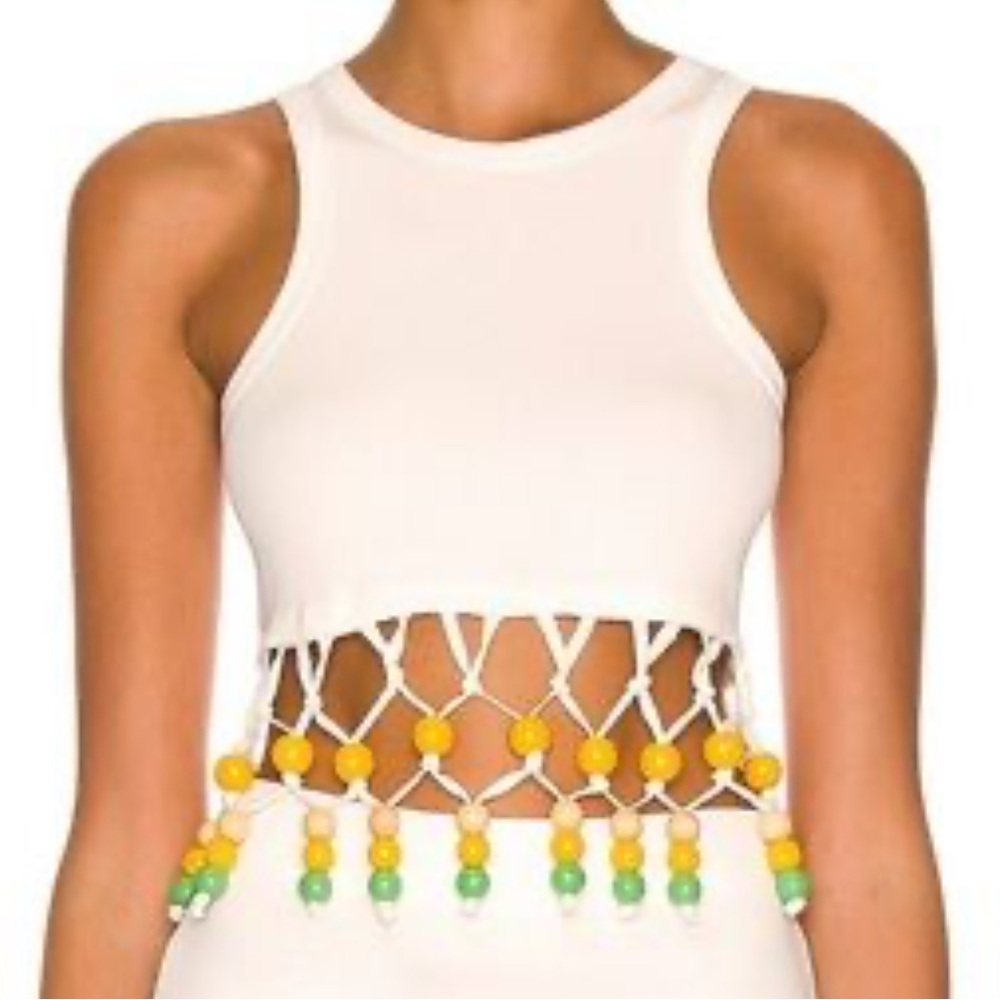 Simon Miller White Cropped Tank Top with Yellow and Green Bead Fringe